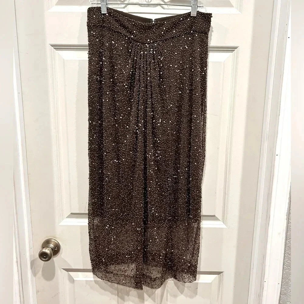 Alice + Olivia Silk Draped Beaded Skirt Womens Size 10 Brown Cocktail Evening